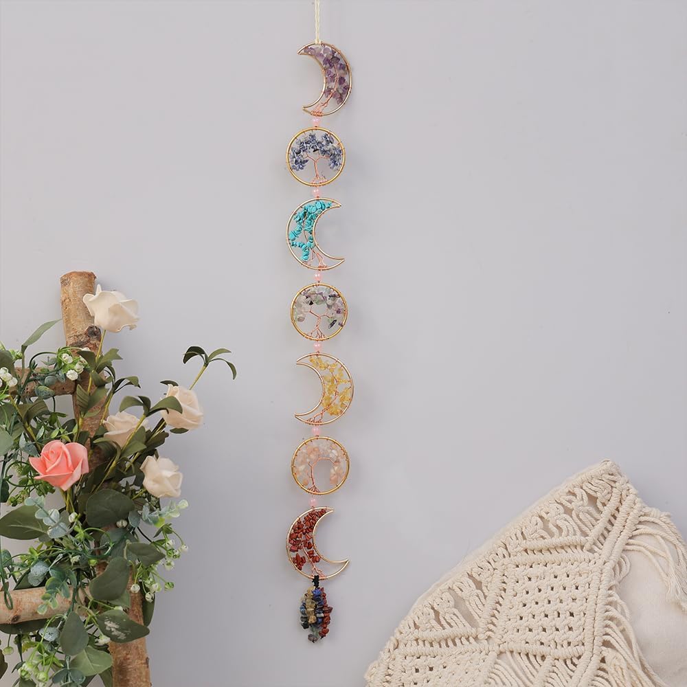 Chakra Wall Decor with 7 Healing Crystals and Tumbled Tassel Suncatcher