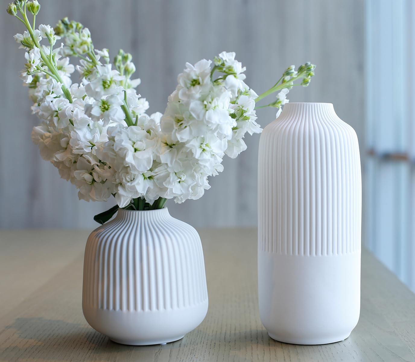 Matte White Stripe Ceramic Vases Set of 2 for Home Decor