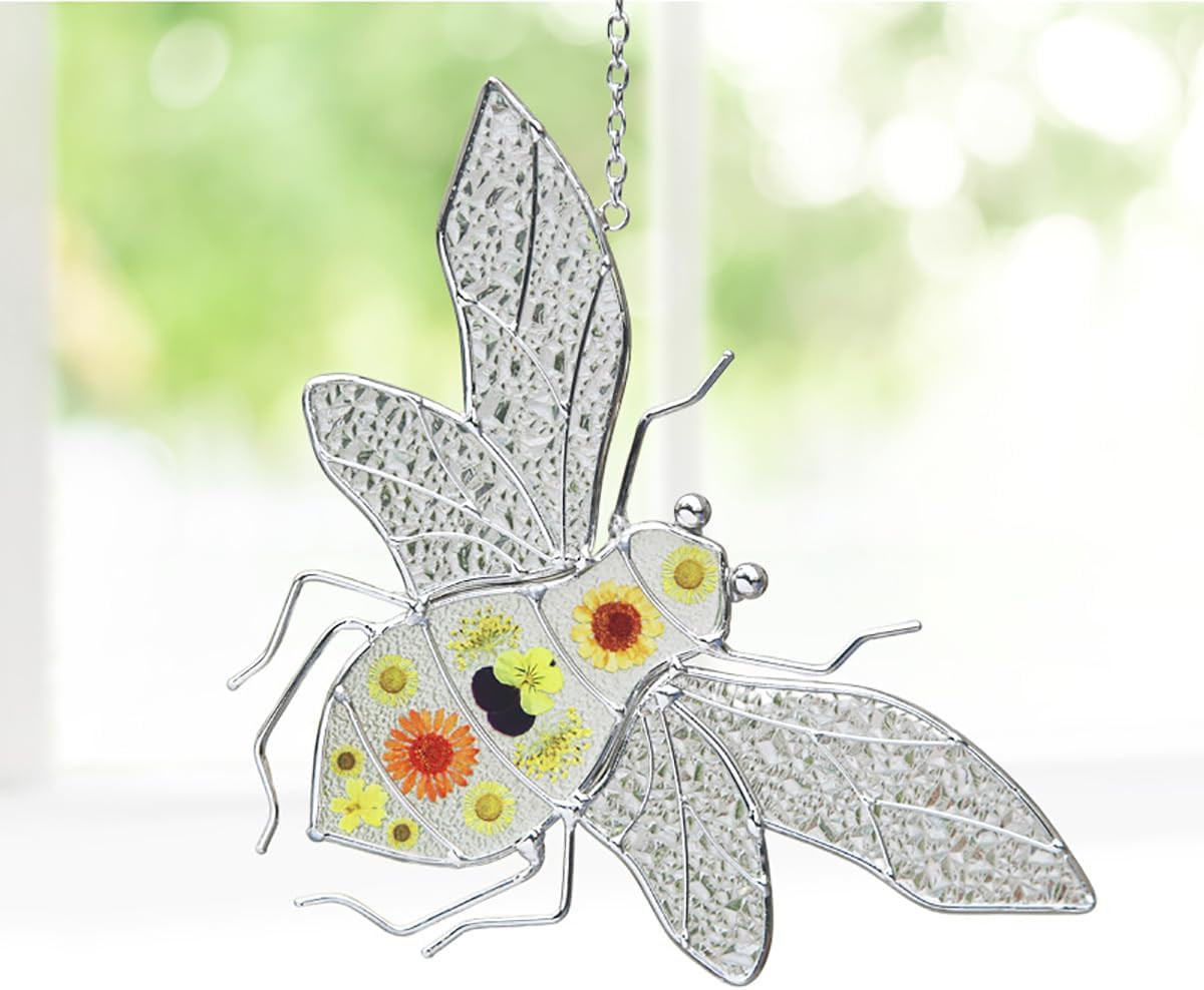 Stained Glass Bumble Bee Suncatcher Window Hanging Ornament Boho Decor for Home Garden and Patio