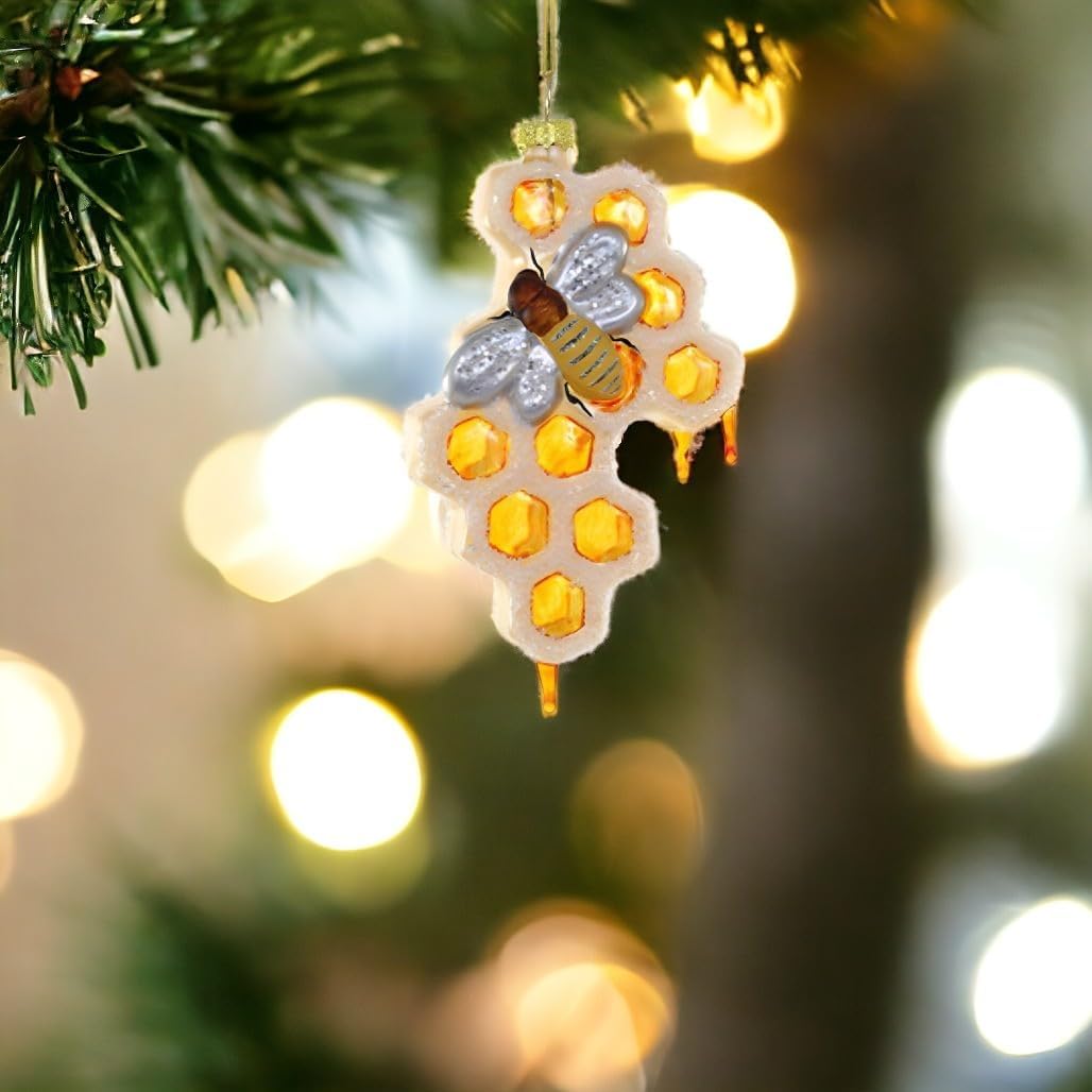Cody Foster Co Honeycomb Bee Christmas Ornament 3-Inch Golden Amber Glass