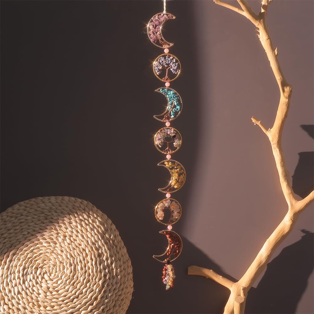 Chakra Wall Decor with 7 Healing Crystals and Tumbled Tassel Suncatcher
