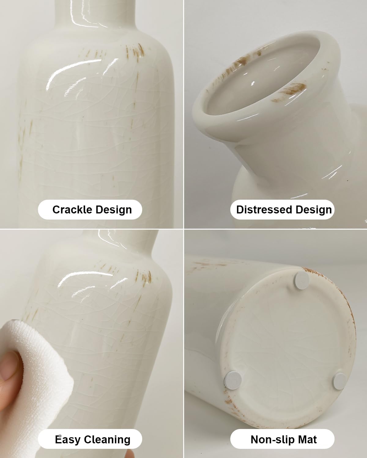 CheeryStow White Ceramic Vase Set of 3 - Crackle Glaze Farmhouse Decor