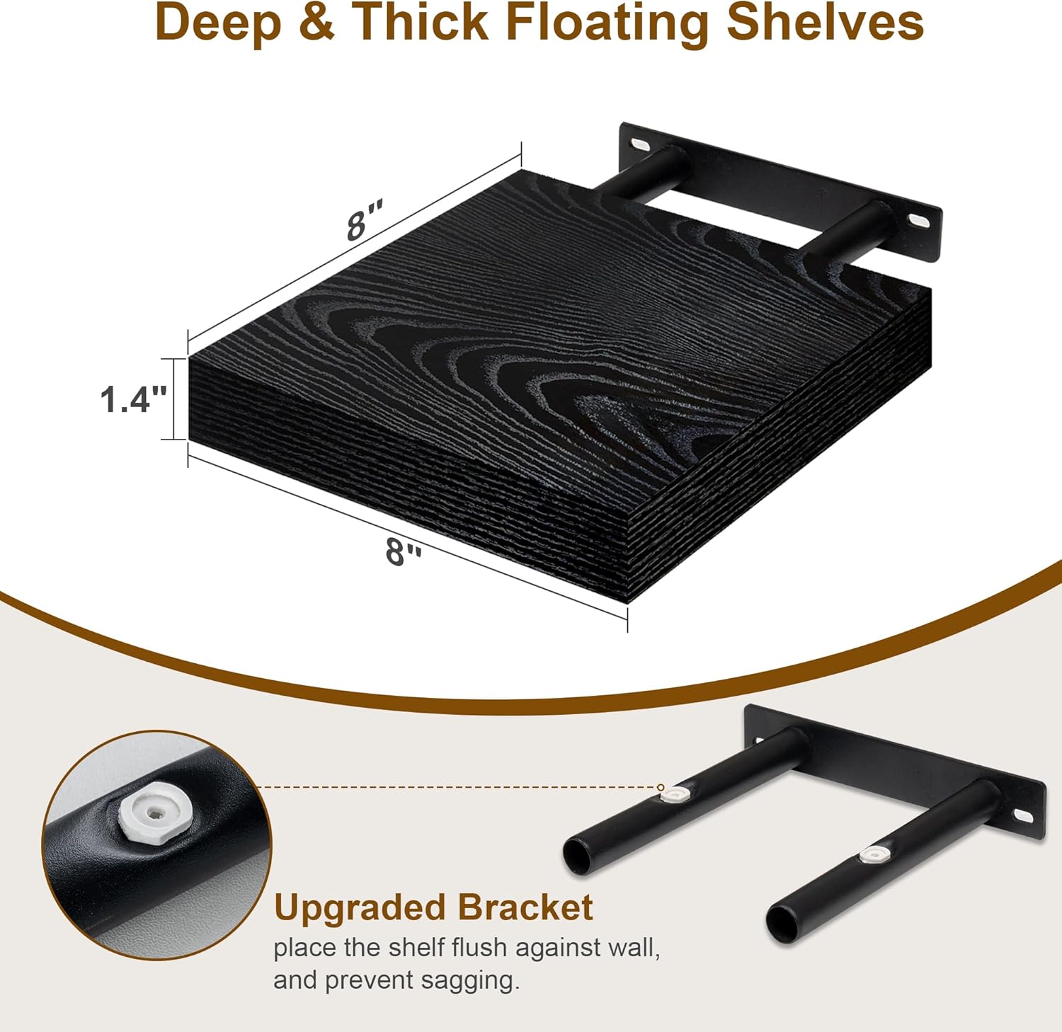 Fun Memories Black Floating Shelves 8 Inch Deep Set of 2
