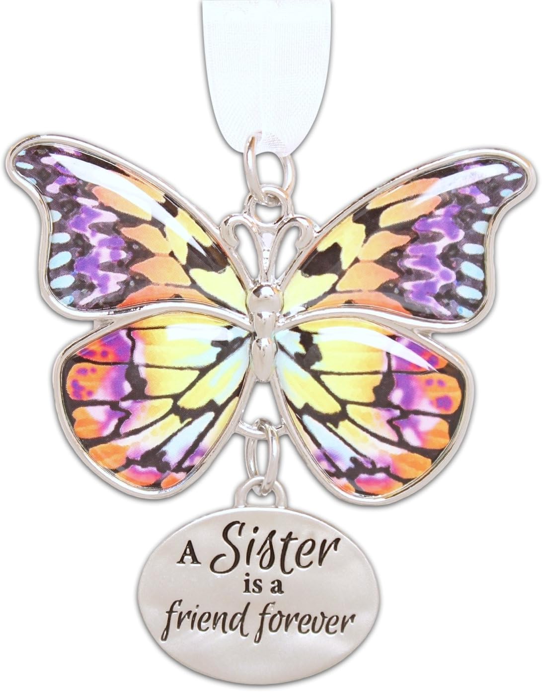 Ganz 2 inch Zinc Butterfly Ornament with White Organza Ribbon for Hanging Sister