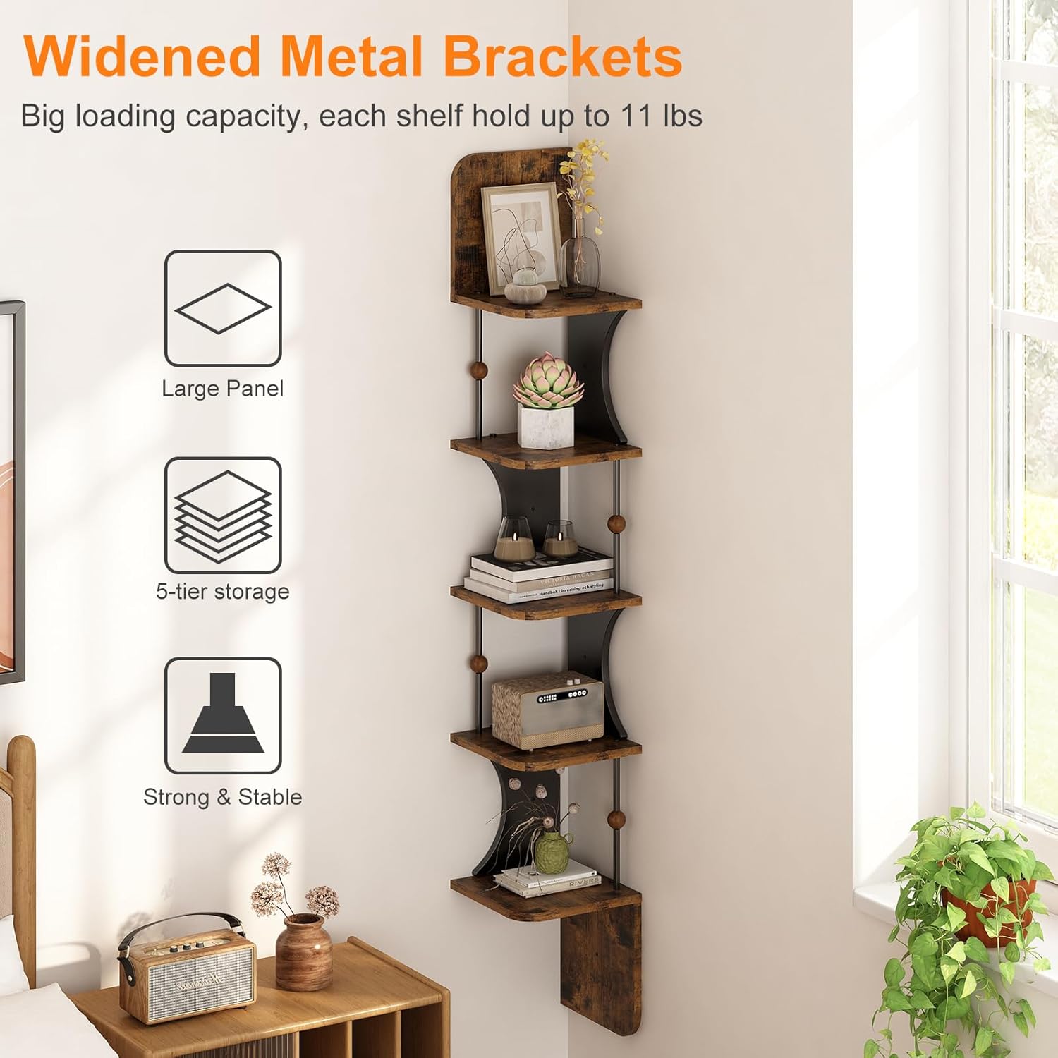 Wisdom Star 5-Tier Corner Shelf Wall-Mounted Rustic Design