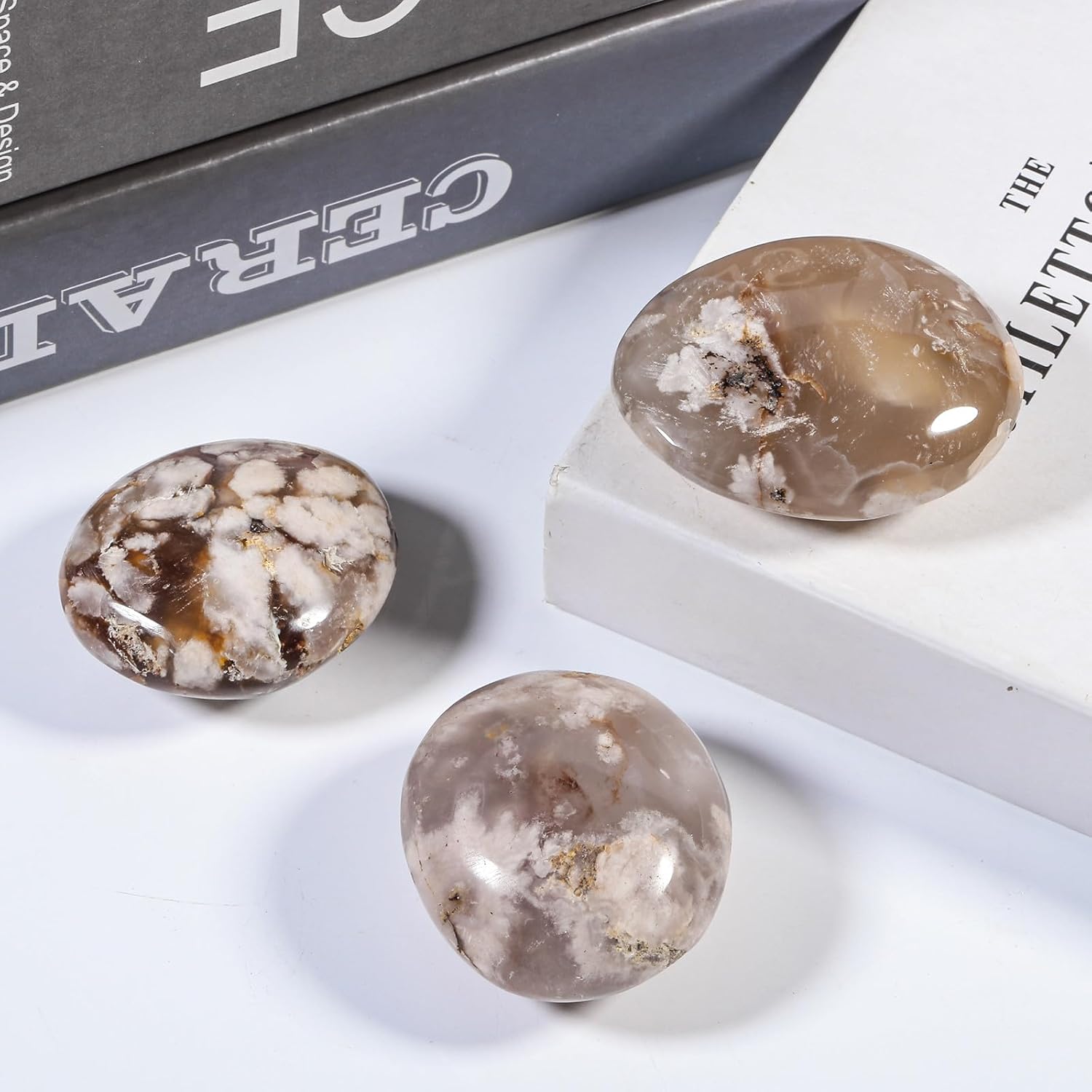 Rockcloud Irregular Cherry Blossom Agate Worry Stone Reiki Crystal Energy Decor for Home and Office