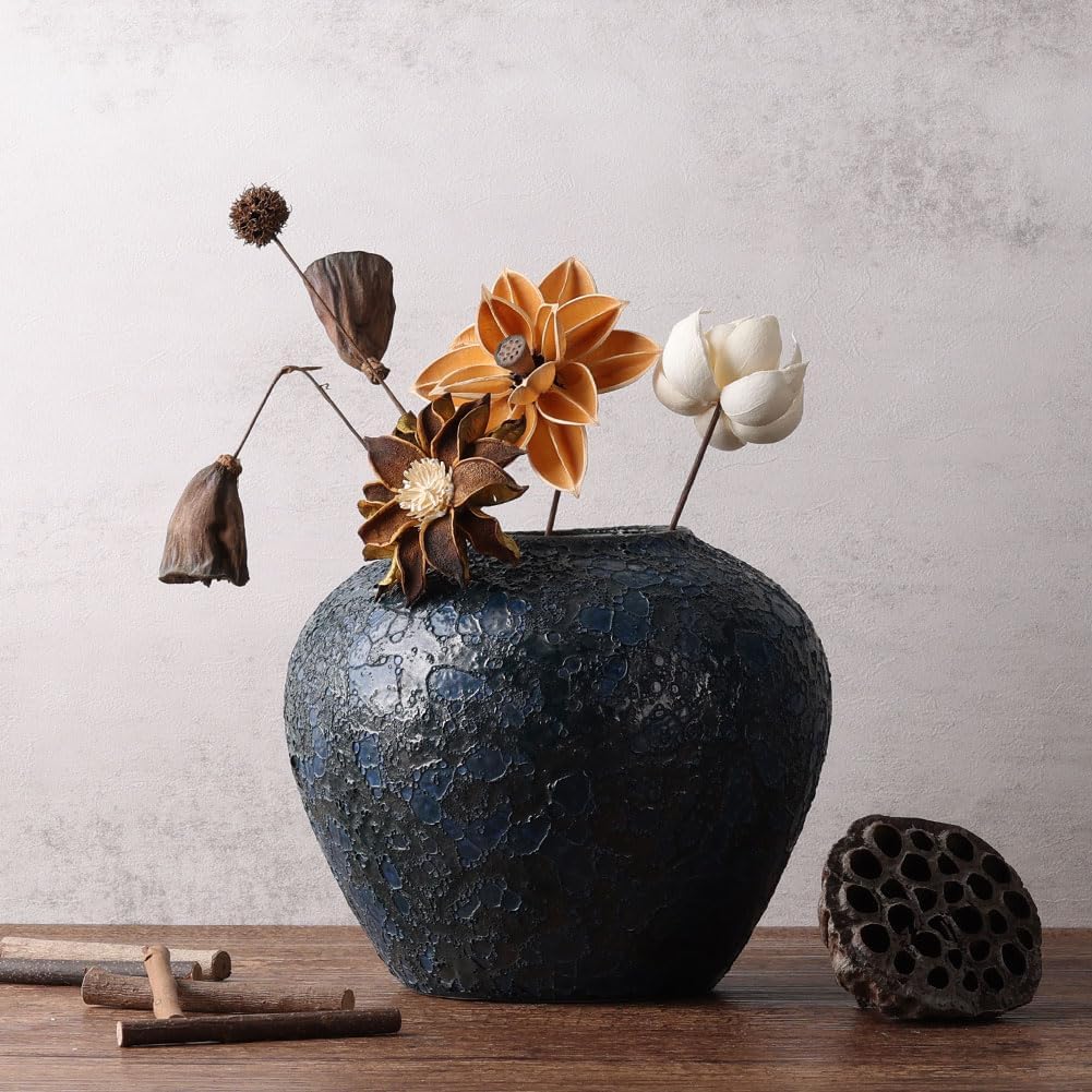 Rustic Large Blue Ceramic Vase for Home Decor