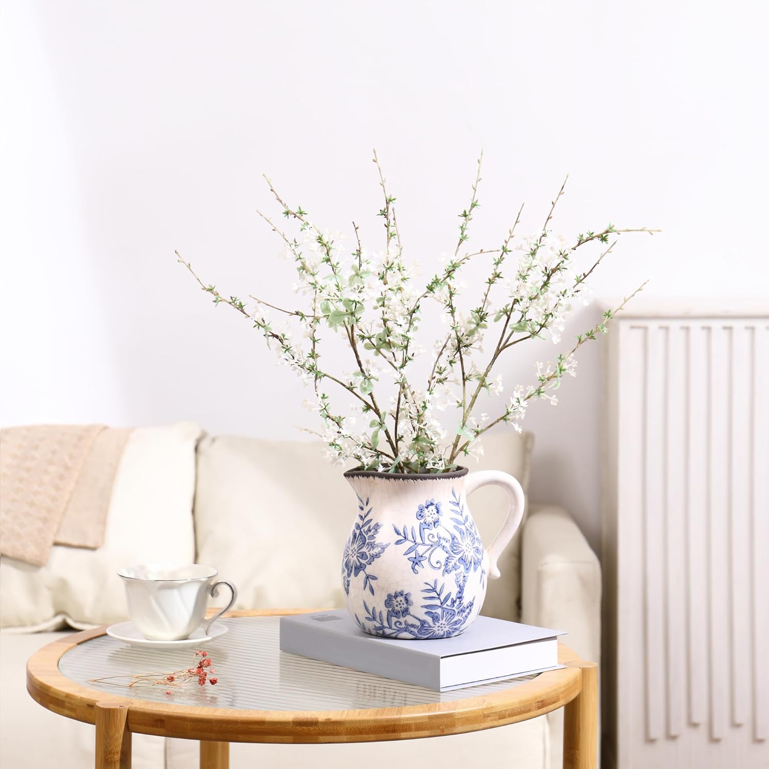 Vintage Flower Vase with Handle Blue and White Ceramic