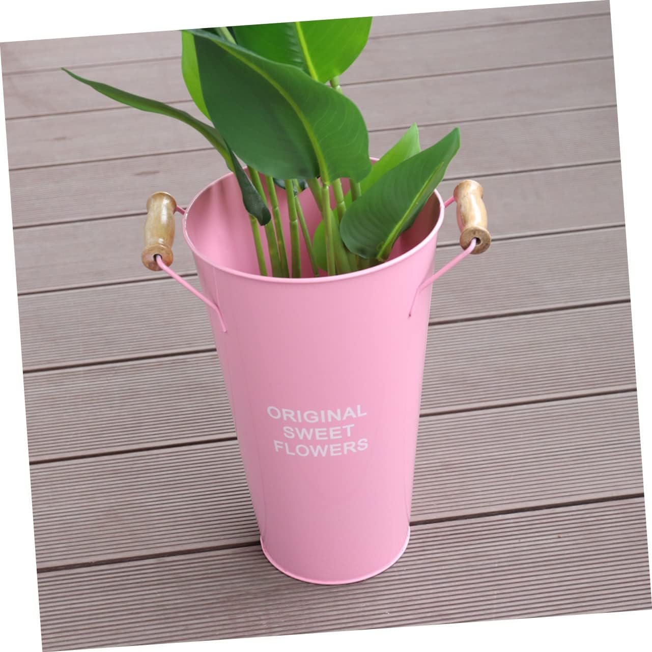 STOBAZA Large Wrought Iron Floor Vase Pink Bucket Outline