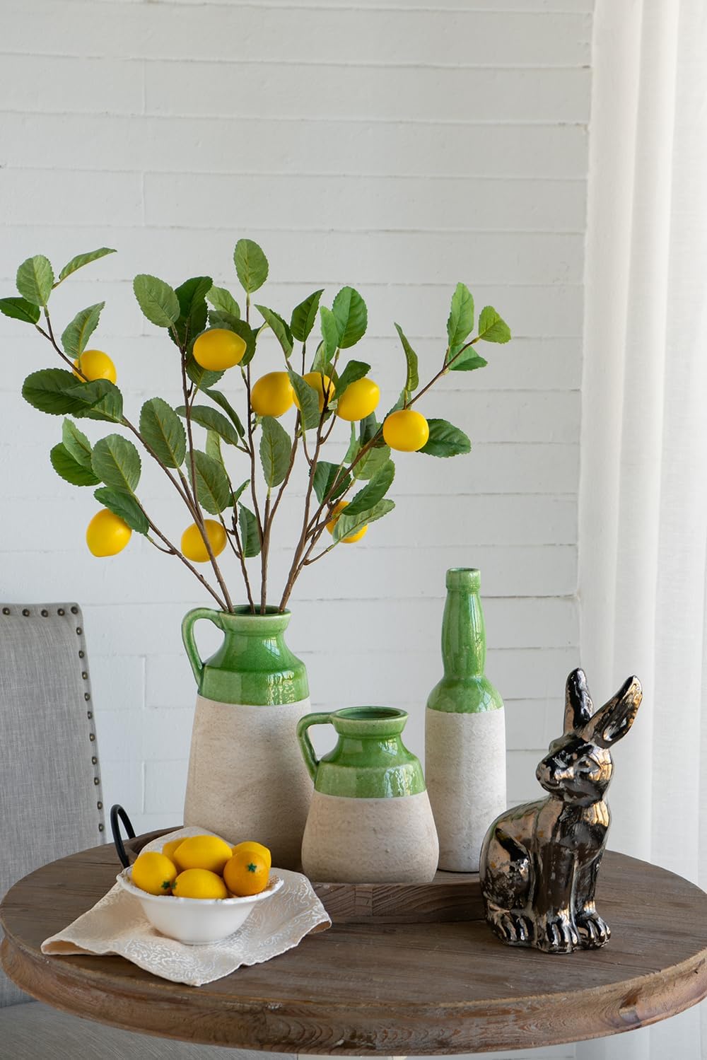 8 Tall Decorative Ceramic Jug Vase with Glossy Green and Natural Tan Finish