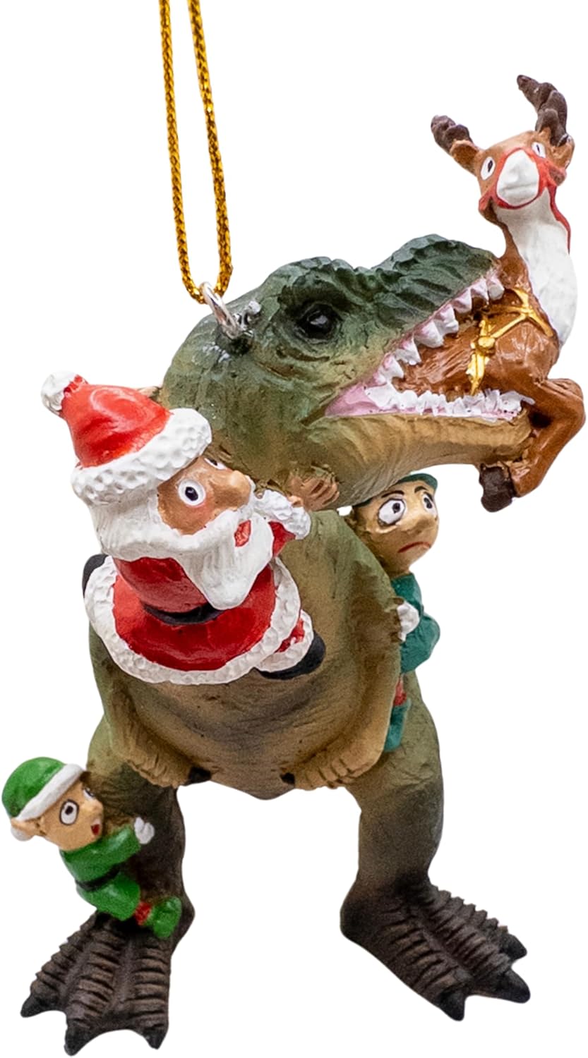 Santa and Elves Saving Reindeer from T-Rex Christmas Tree Ornament