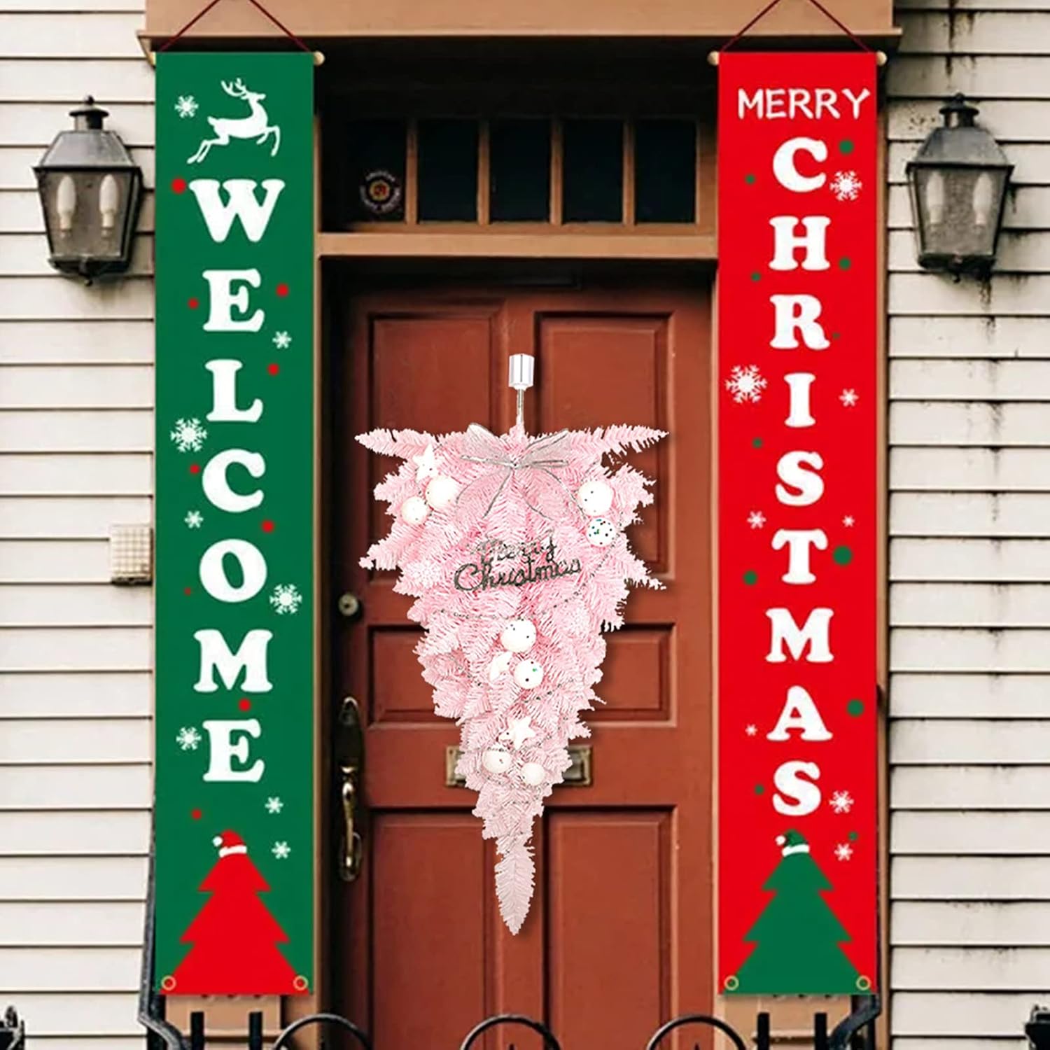 RESOYE Christmas Artificial Swag 236 Inch Pink Floral Wreath Front Door Teardrop with White Ball and Bowknot
