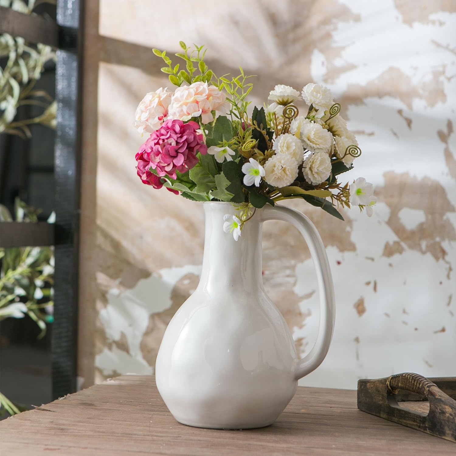 White Ceramic Vase with Big Handle and Rustic Design