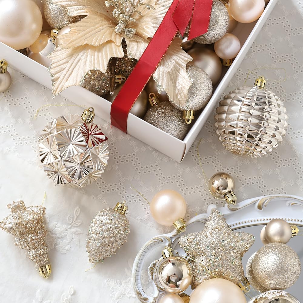 54Pcs Assorted Champagne Gold Xmas Tree Balls Ornaments Set