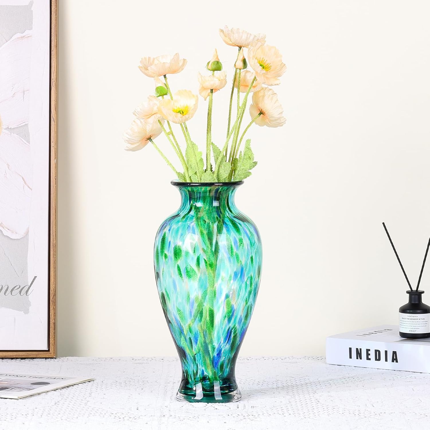 118 Inch Tall Teal Glass Vase with Green Base