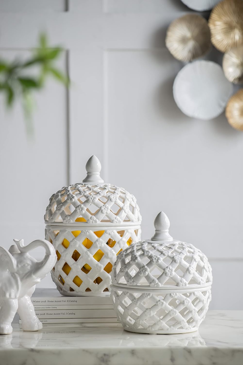 Adorable Ceramic Lidded Jar with Lattice Design 8x8x95