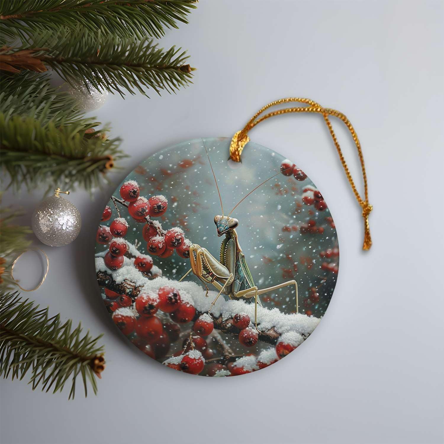 Snowy Berry Praying Mantis 3 Ceramic Ornament for Home Decor