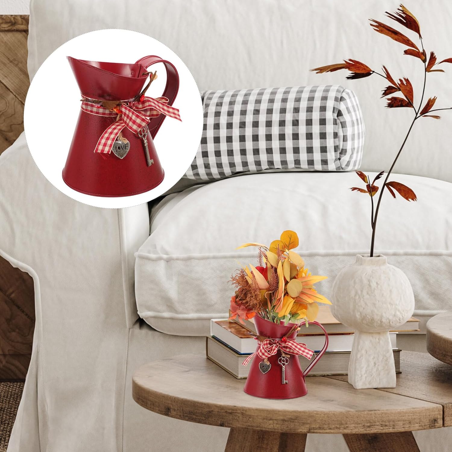 Uonlytech Vintage Dark Red Galvanized Metal Pitcher Holder Vase