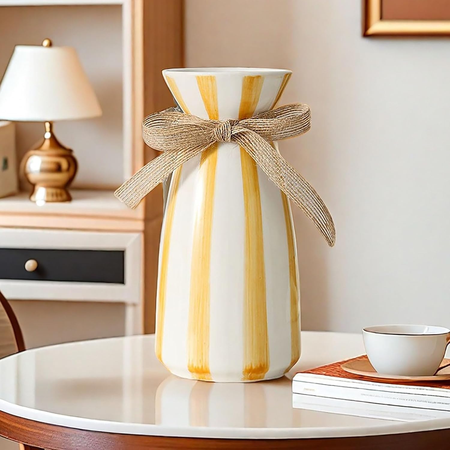 Luoshanvee Small White Porcelain Vase with Yellow Stripes