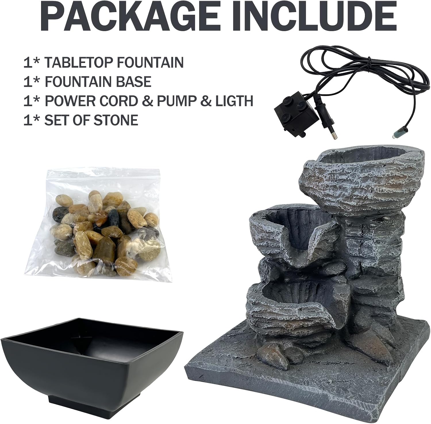 Tabletop Fountain with LED Light and 3-Tier Waterfall