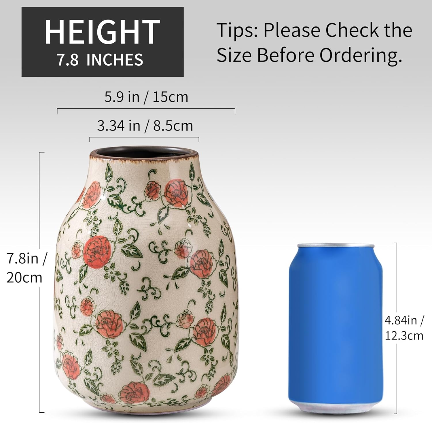 Green and Beige Vintage Round Ceramic Vase with Red Roses