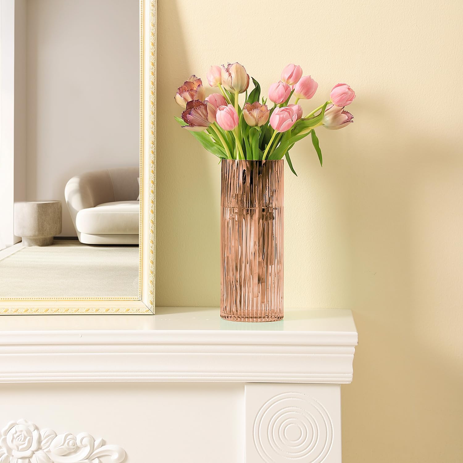 Pink Glass Vase for Flowers Tall Cylinder Vase for Home Decor