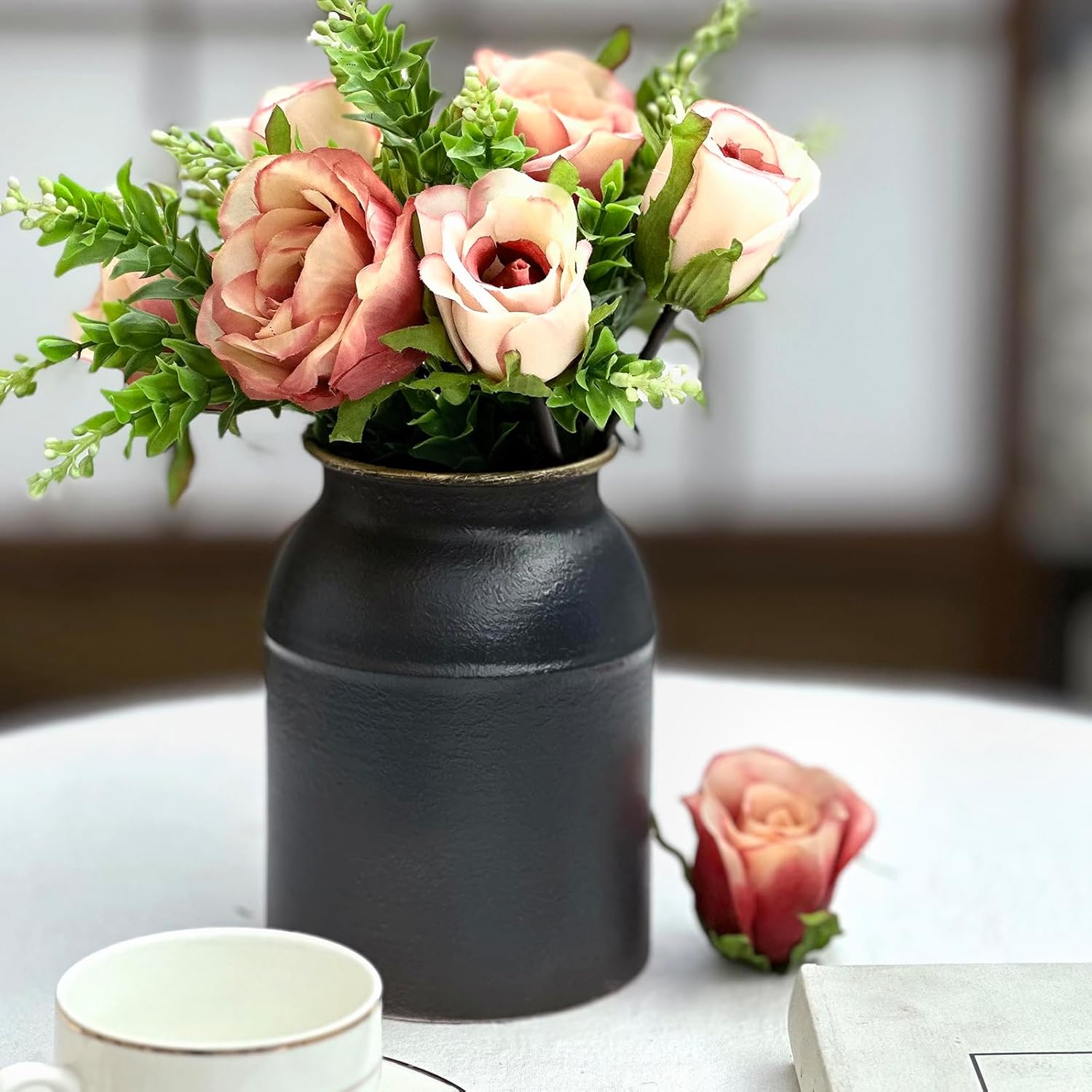 Shabby Chic Jet Black Galvanized Metal Vase with Rustic Design