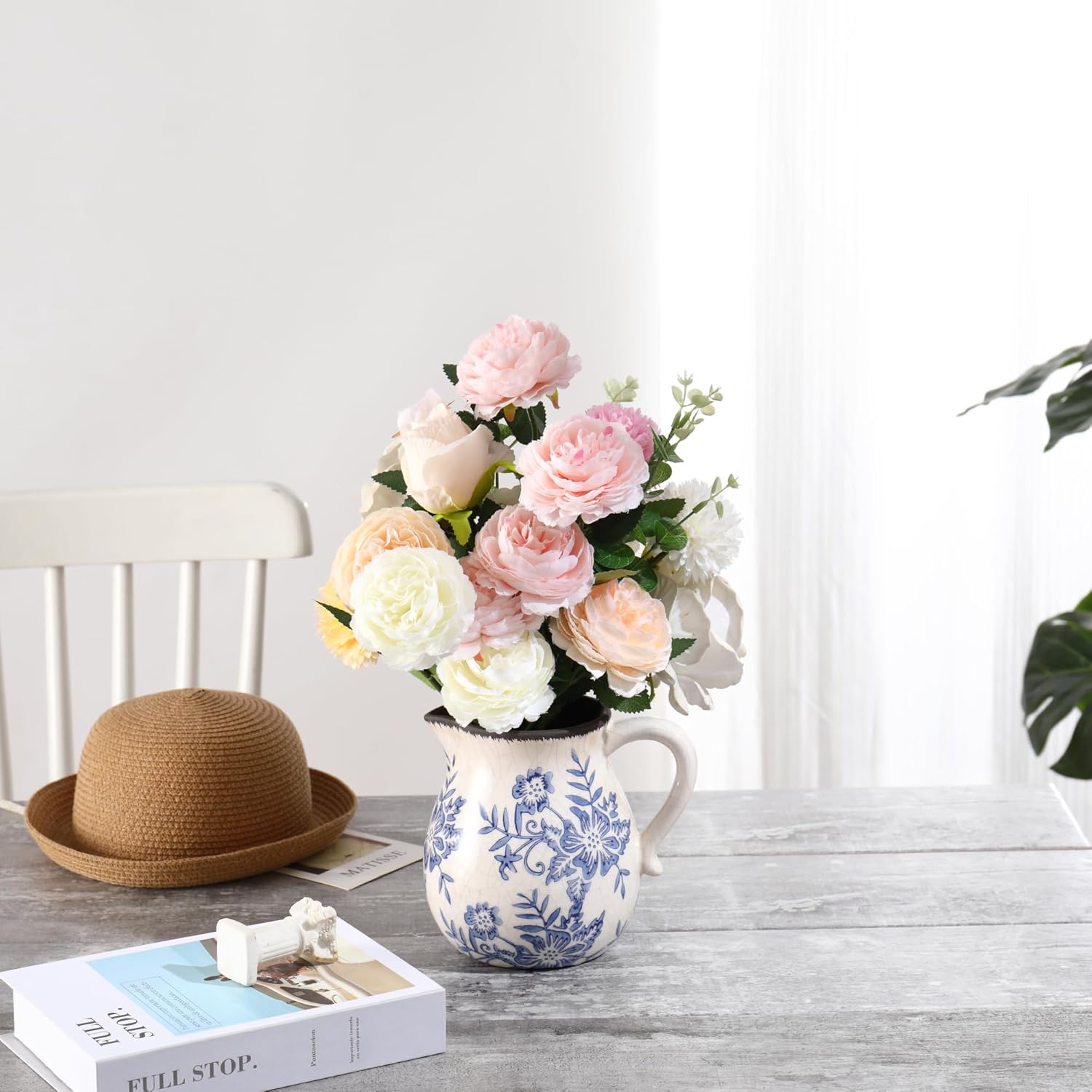 Vintage Flower Vase with Handle Blue and White Ceramic