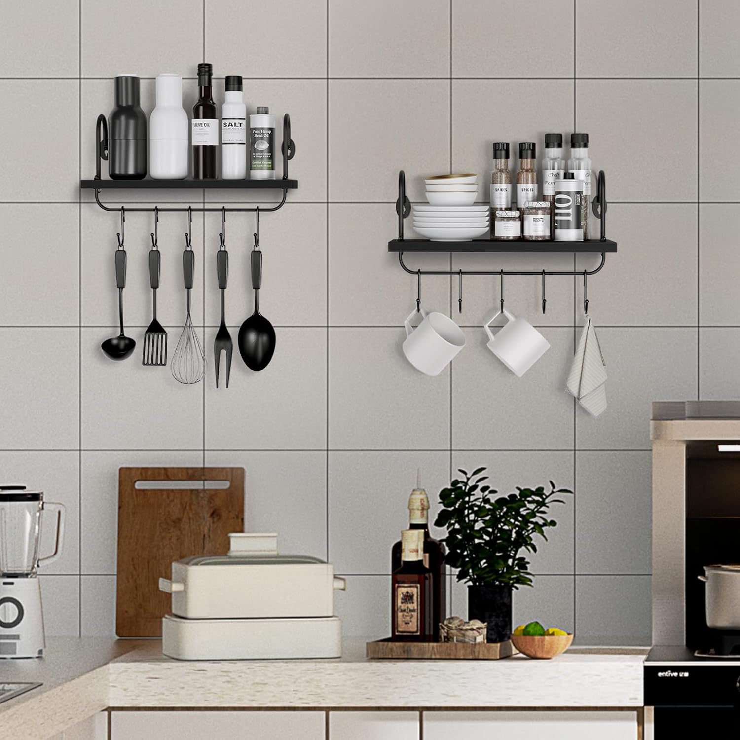 Olakee Floating Wall Shelves Set of 2 with 10 Adjustable Hooks Black