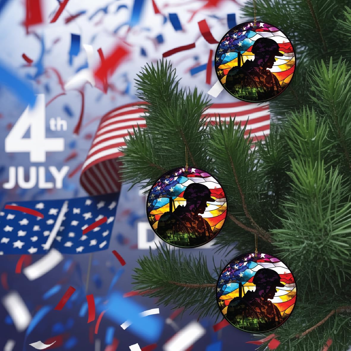 Patriotic Soldier Ornament with American Flag Design