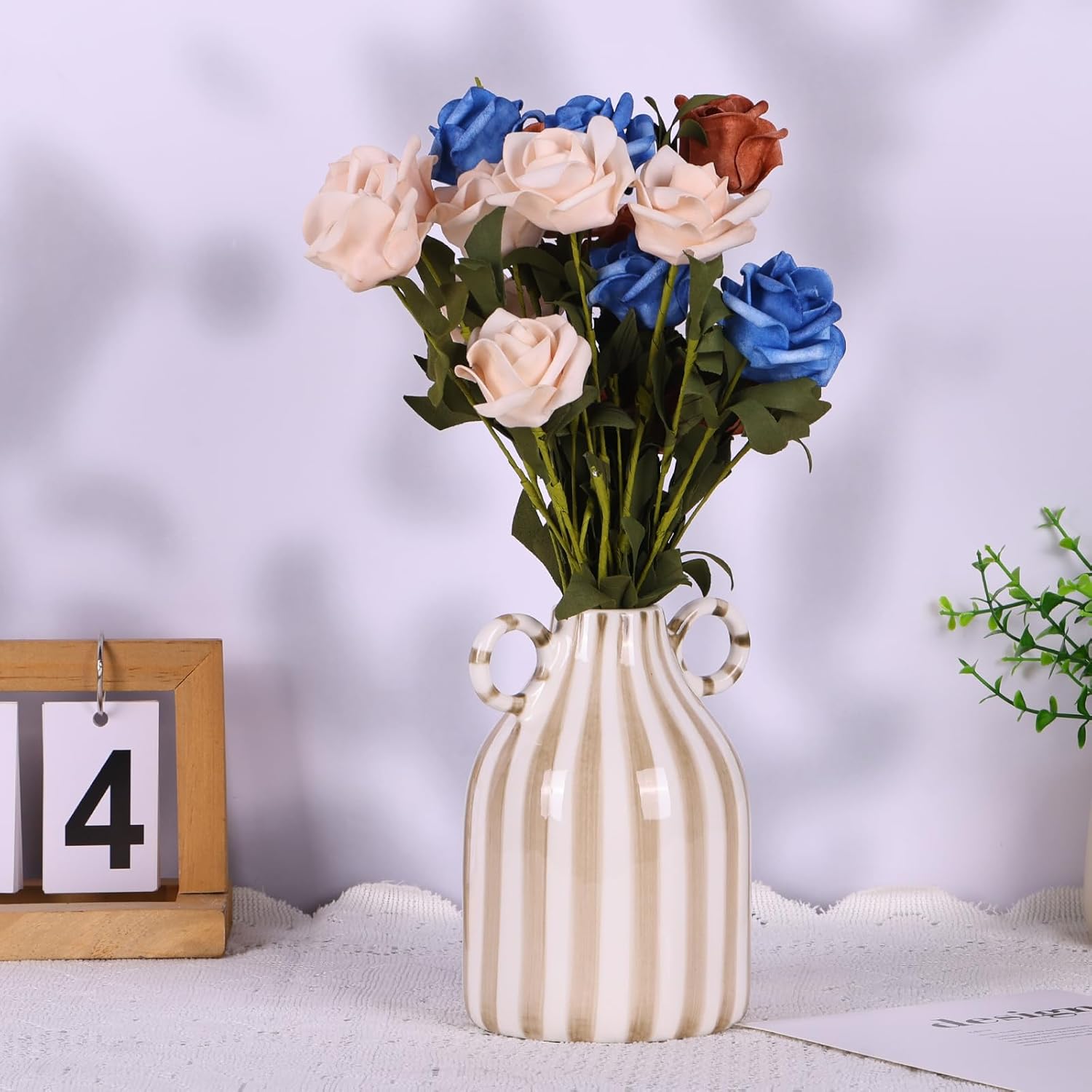 LINYTHER Brown and White Ceramic Vase with Handle