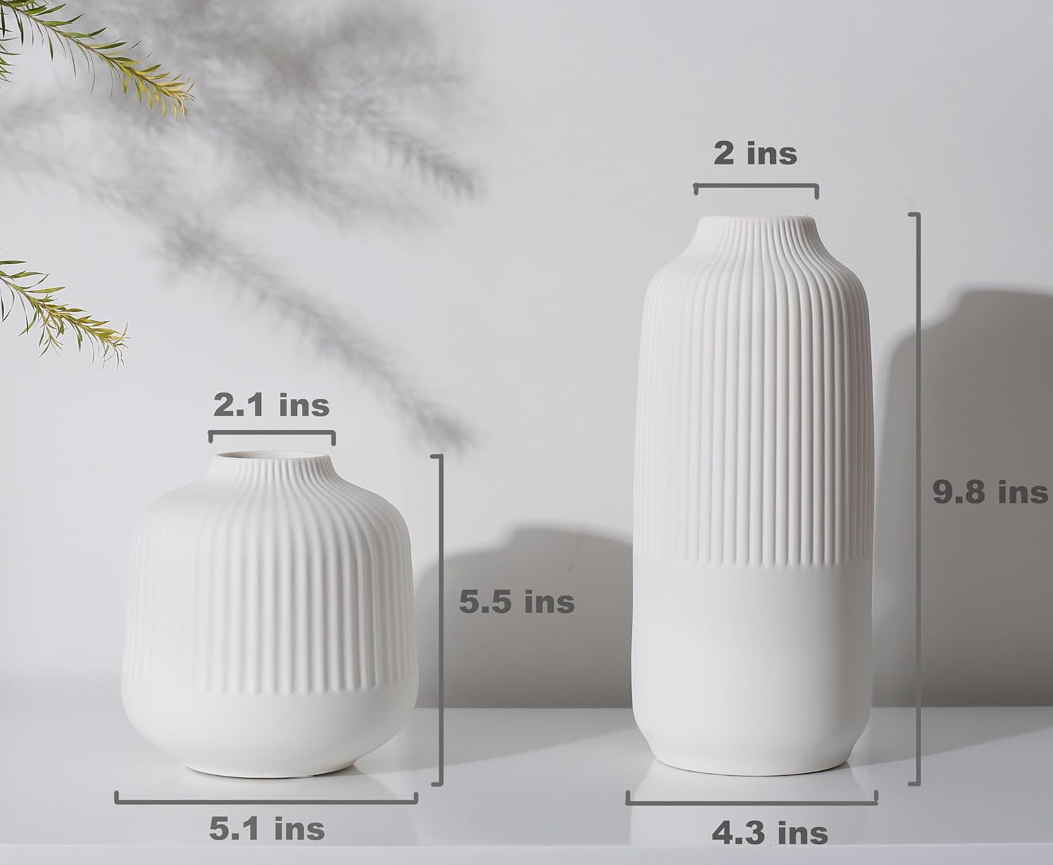Matte White Stripe Ceramic Vases Set of 2 for Home Decor