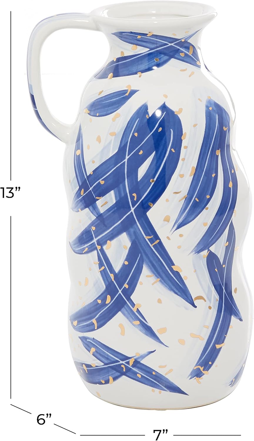 Deco 79 Ceramic Vase with Blue Leaf Design