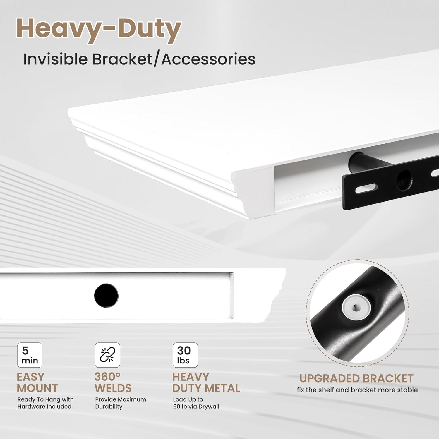 Axeman 36 Inch Floating Shelves with Crown Molding White Set of 2