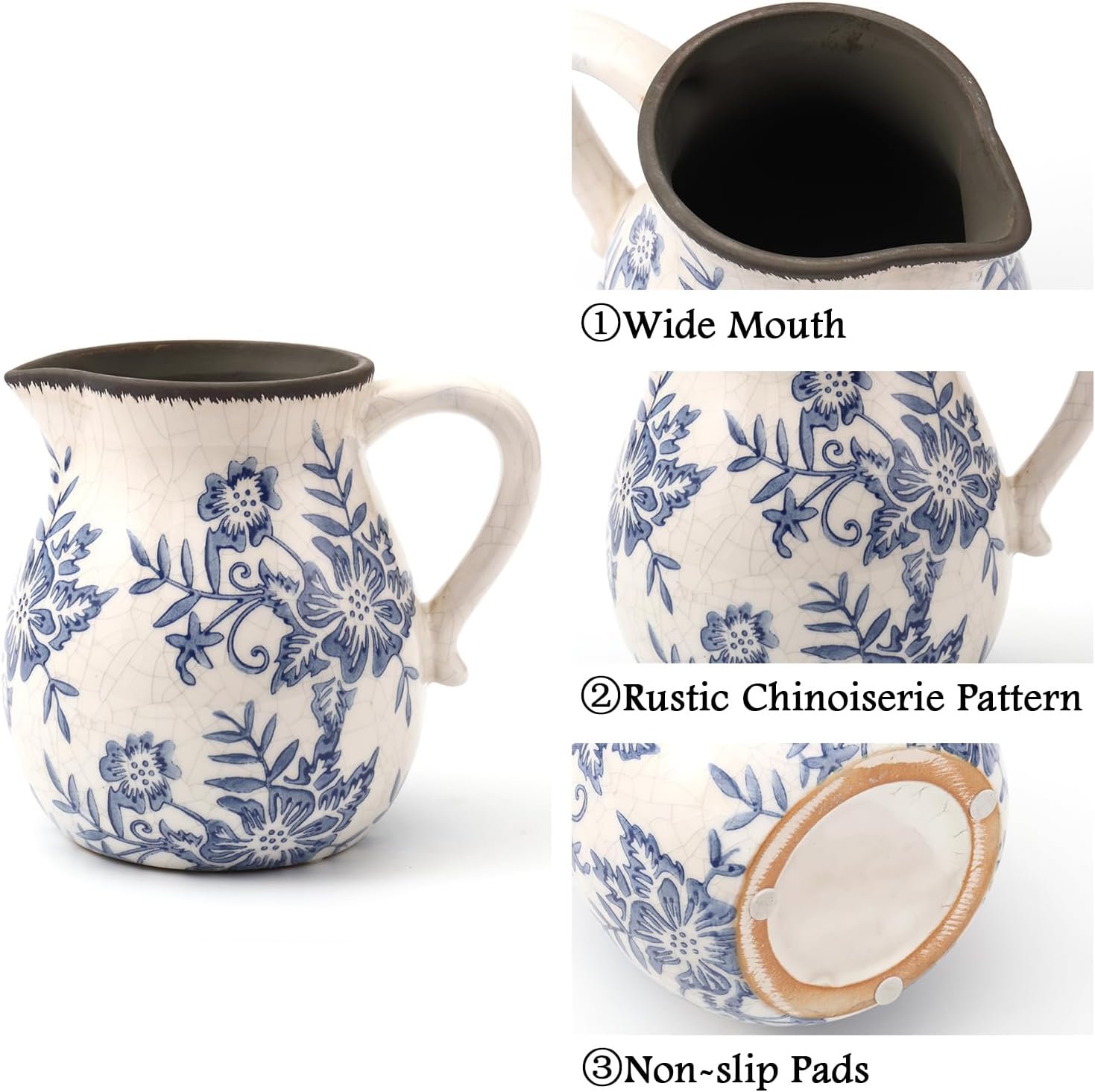 Vintage Flower Vase with Handle Blue and White Ceramic