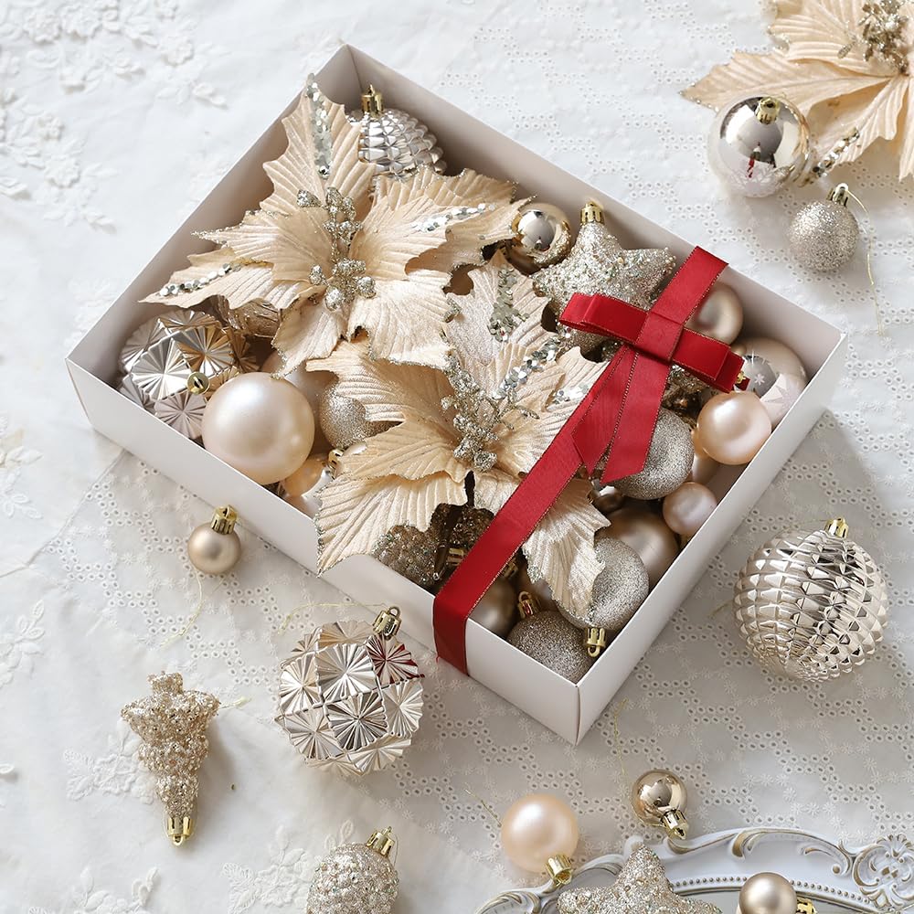 54Pcs Assorted Champagne Gold Xmas Tree Balls Ornaments Set