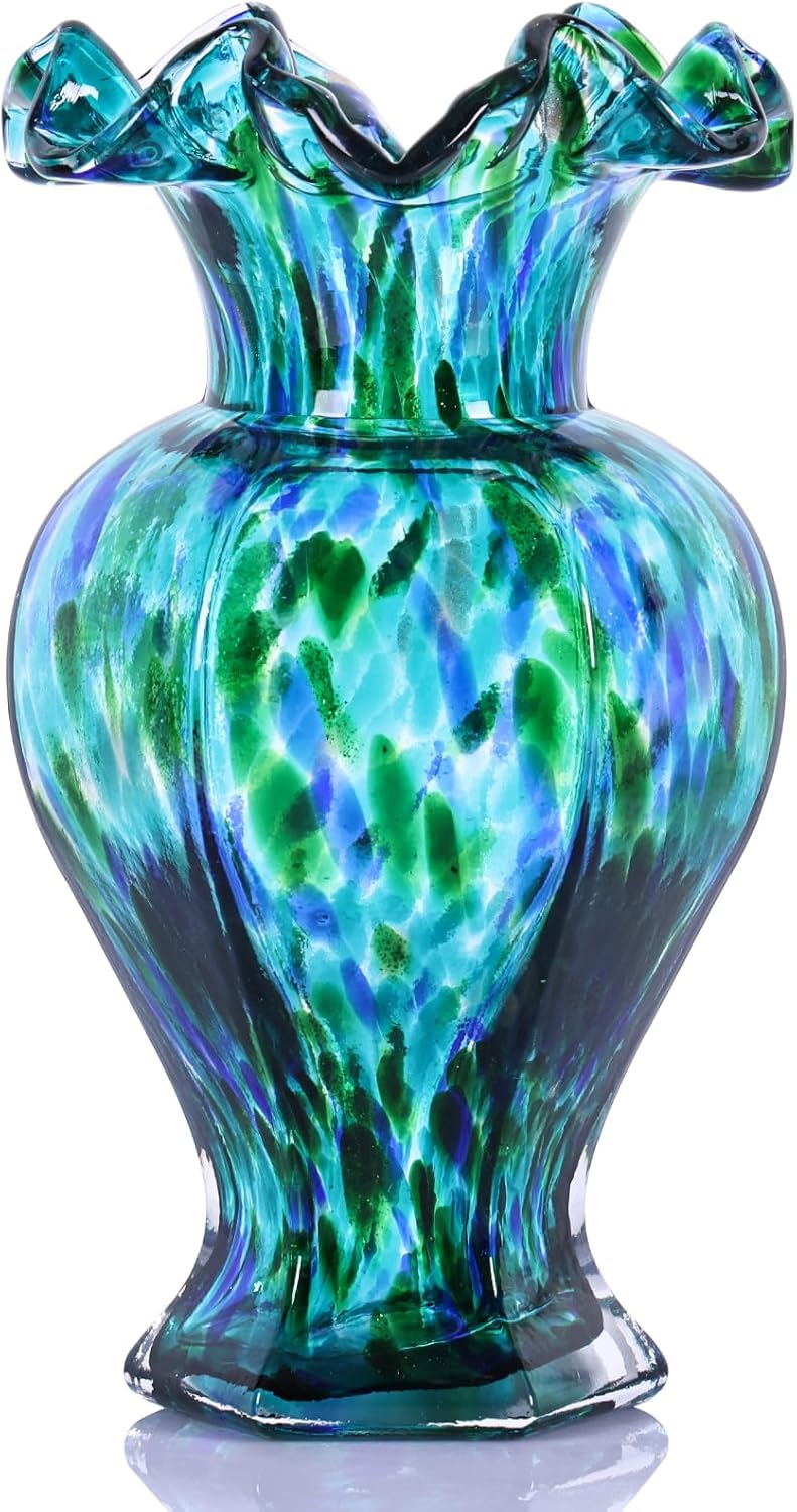 Teal Blown Glass Vase - Unique Green Art Decor