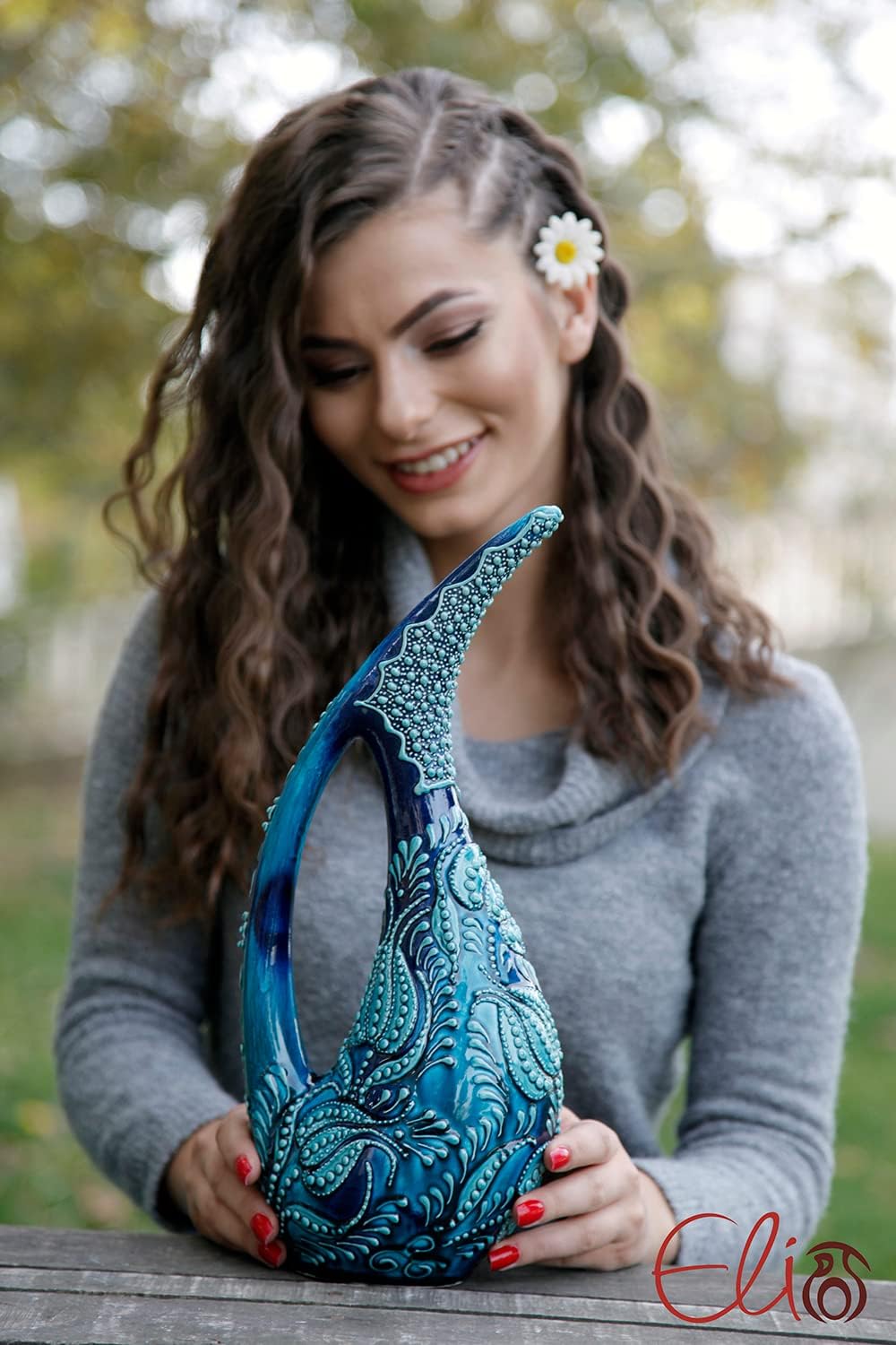 EliPOT Turkish 12 Inch Ceramic Swan Vase Turquoise Alpha