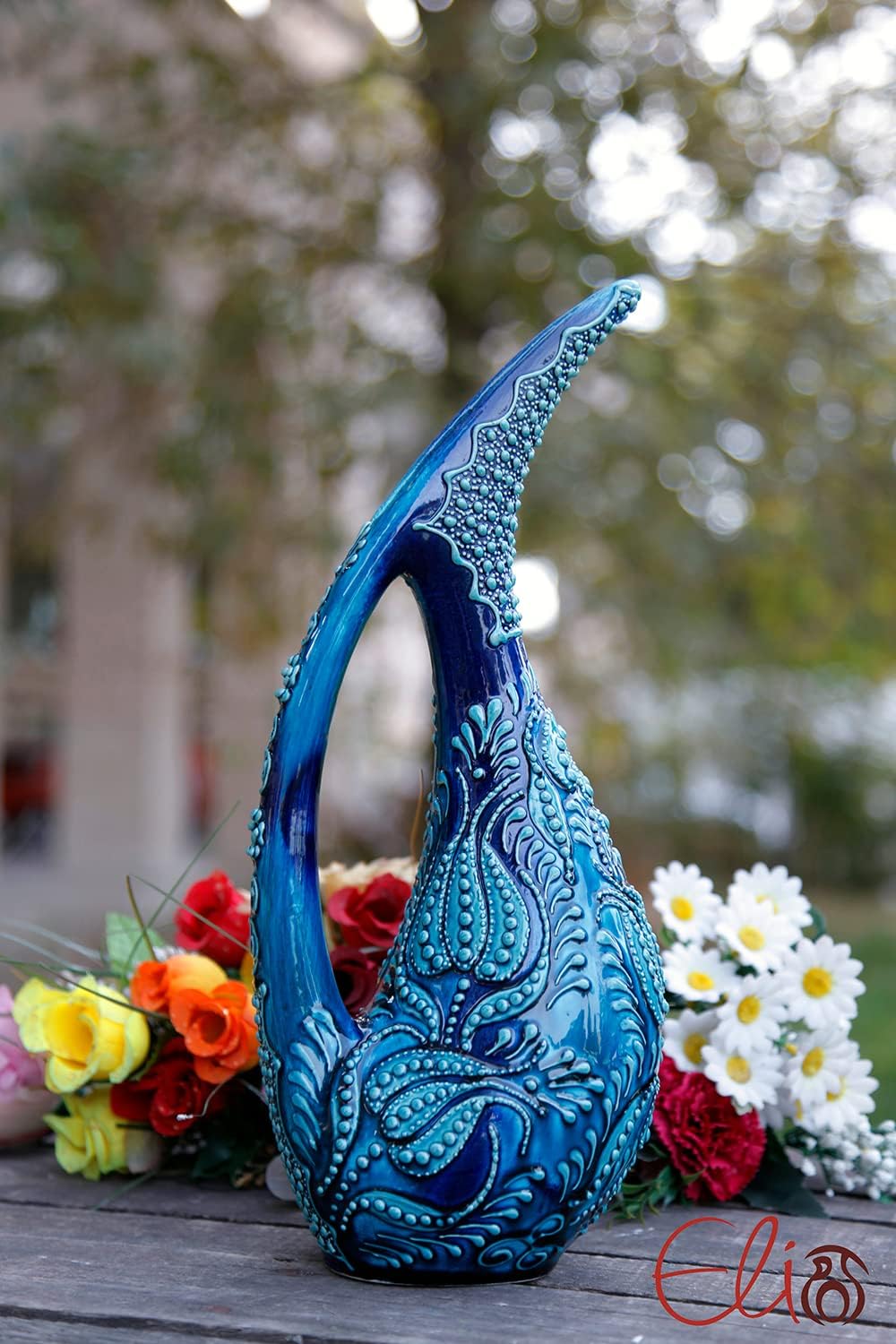EliPOT Turkish 12 Inch Ceramic Swan Vase Turquoise Alpha