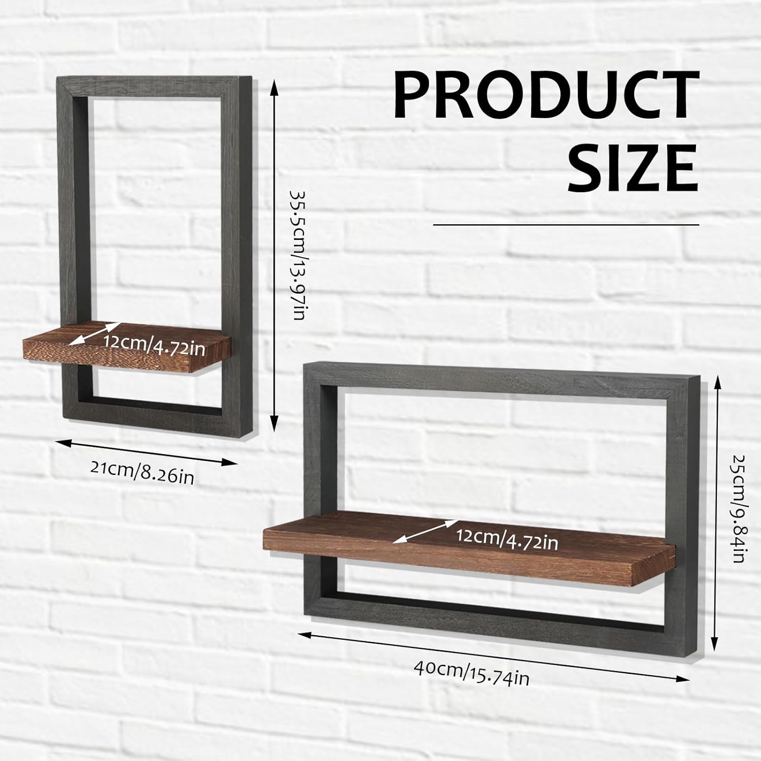 Qivine 2Pcs Black Wood Wall Shelves Square Floating Frame Design