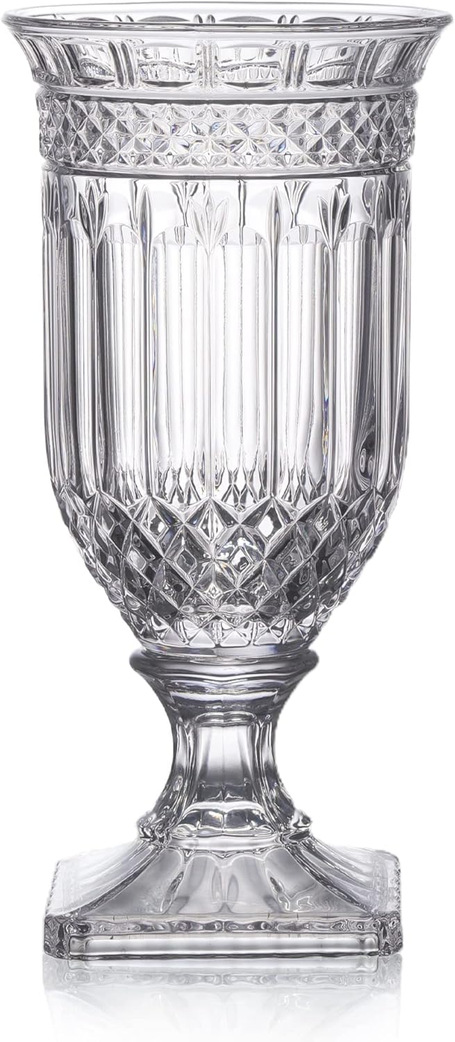 Joeyan 13 Inch Tall Glass Urn Vase with Ripple Diamond Pattern