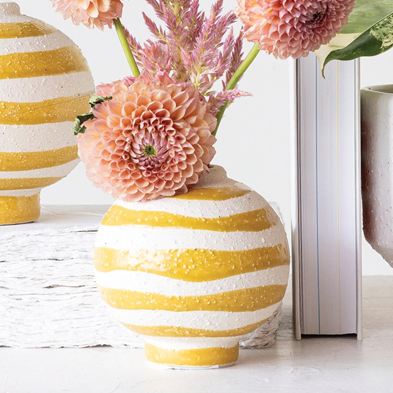 Creative Co Op Striped Stoneware Vase with Sphere Shape and Footed Base
