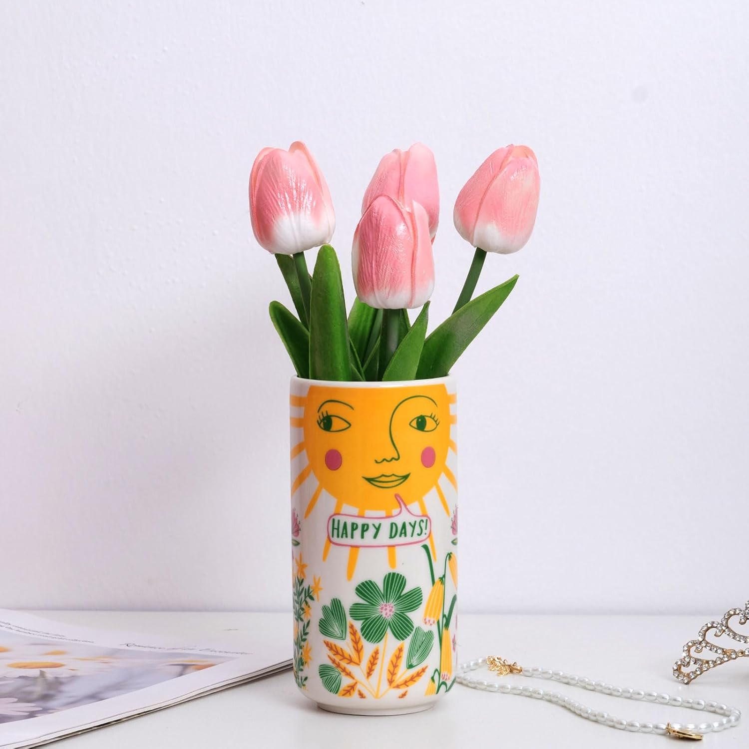Cute Medium Ceramic Flower Vase with Colorful Boho Design