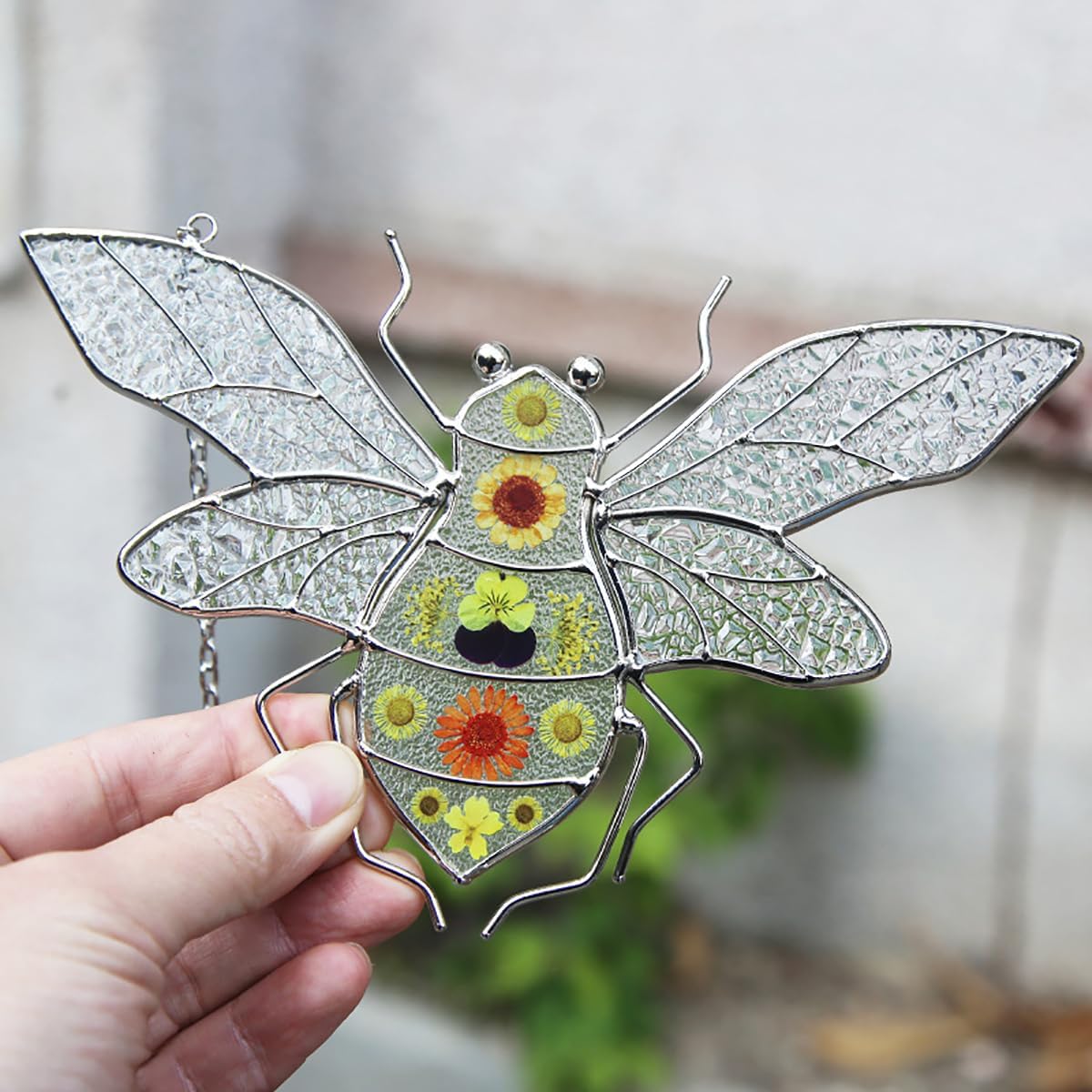 Stained Glass Bumble Bee Suncatcher Window Hanging Ornament Boho Decor for Home Garden and Patio