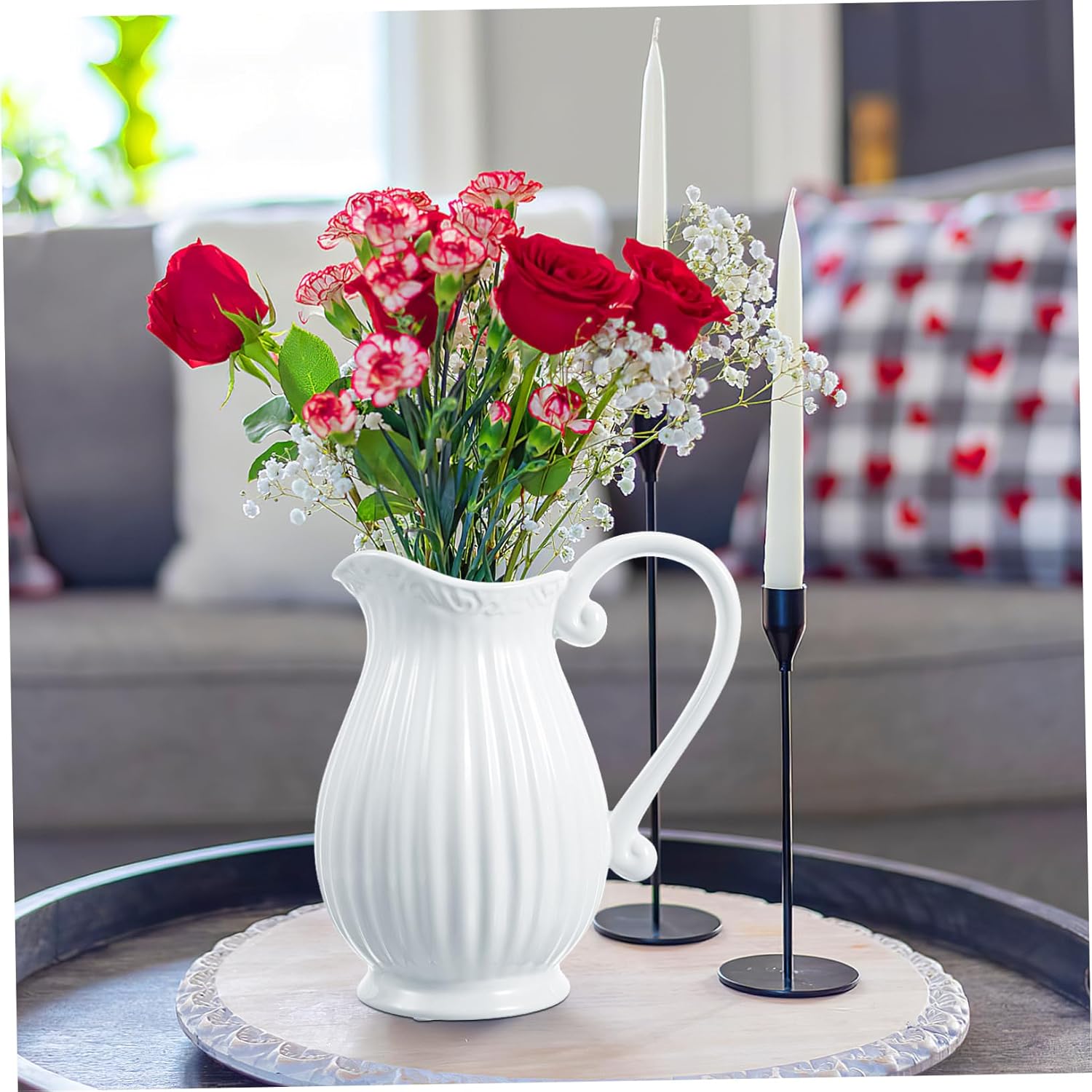 Angoily White Striped Ceramic Pitcher Vase with Handle