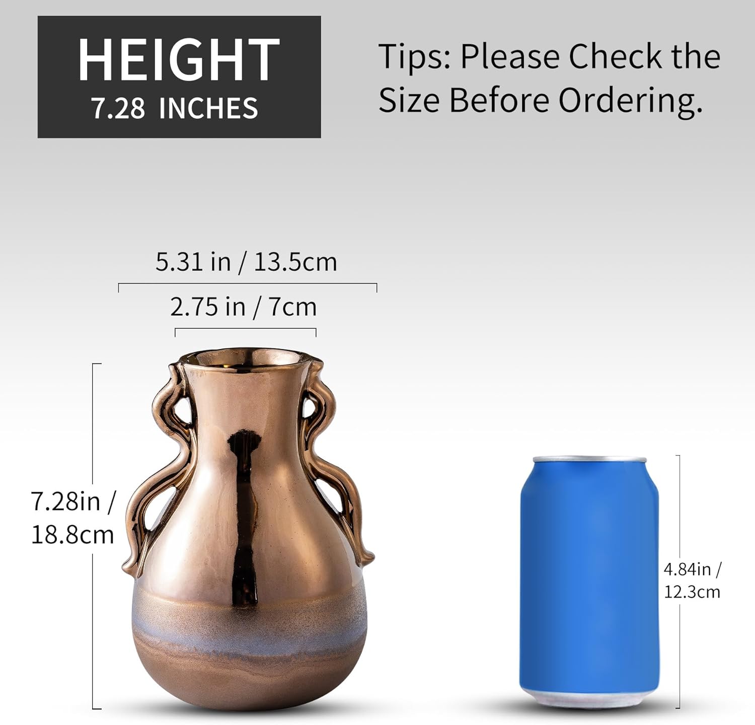 Gold Ceramic Vase with Handles 73 Inch Tall
