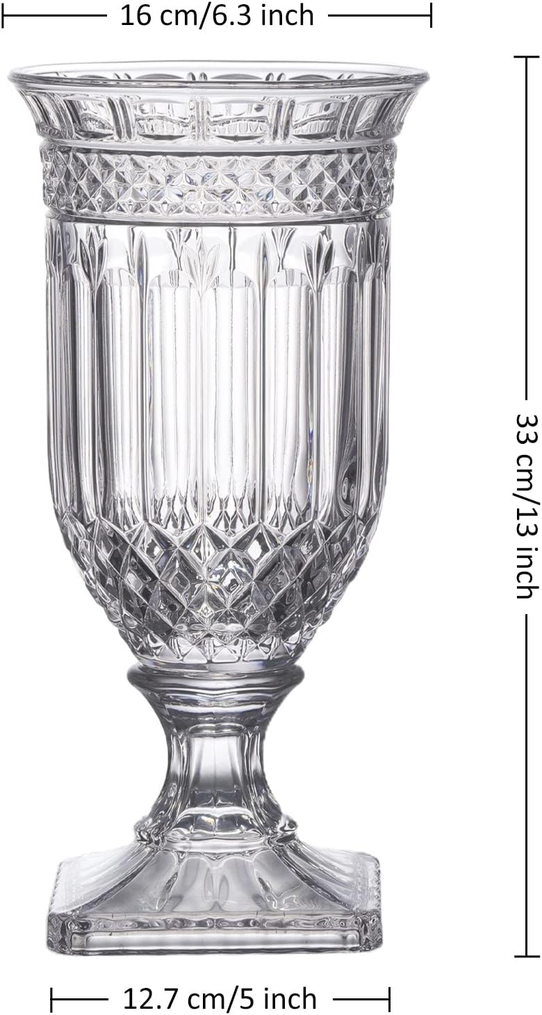 Joeyan 13 Inch Tall Glass Urn Vase with Ripple Diamond Pattern