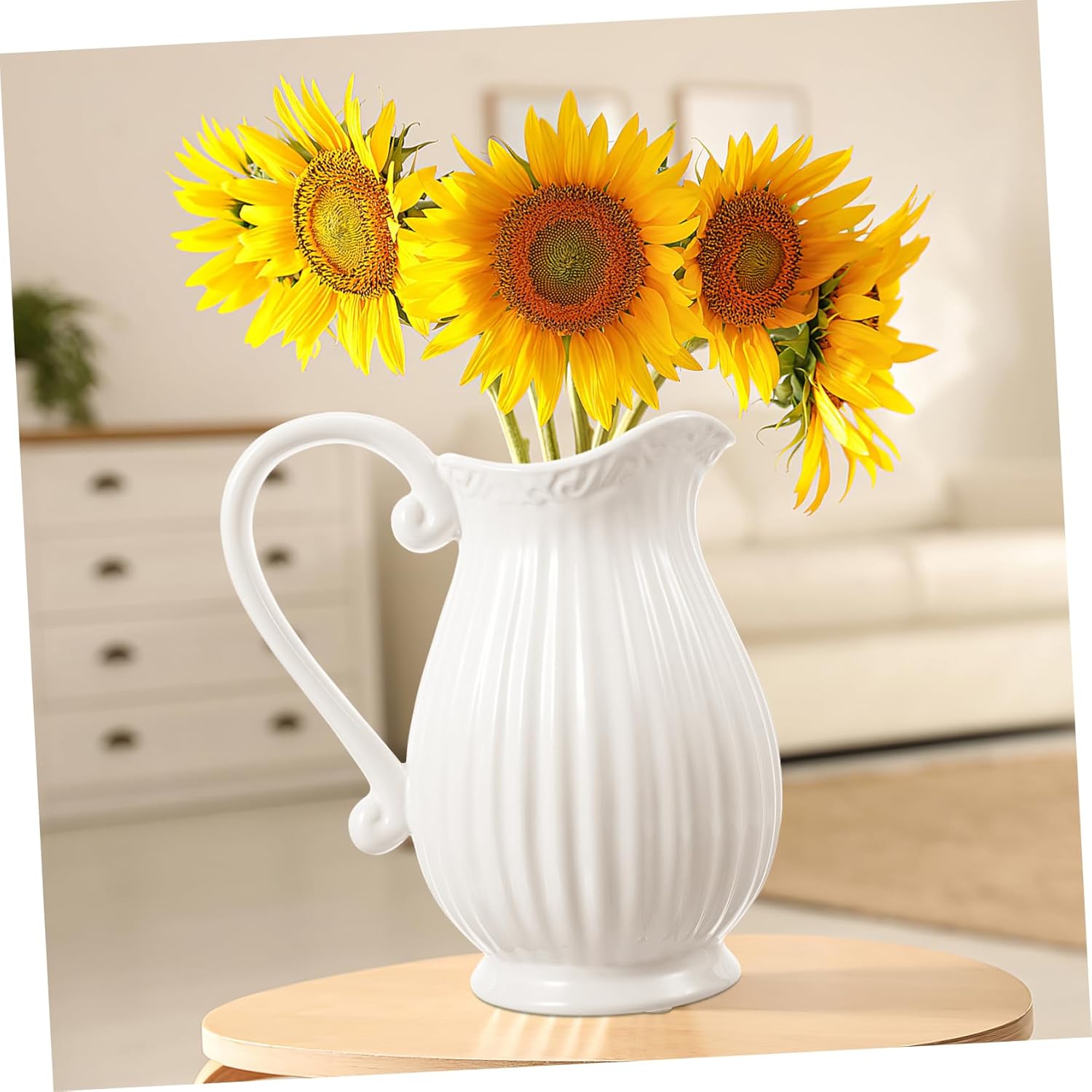 Angoily White Striped Ceramic Pitcher Vase with Handle