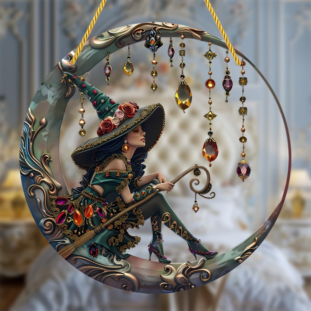 8x8 Inch 2D Flat Moonlit Witch Acrylic Ornament with Hanging Rope
