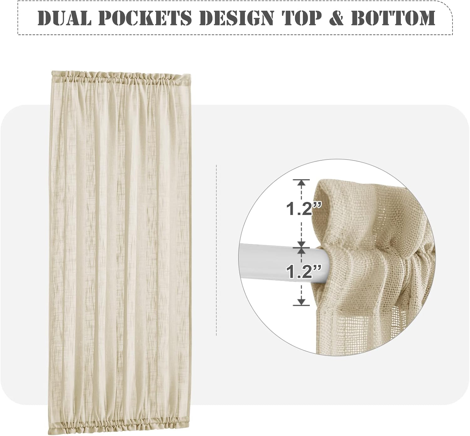 PONY DANCE Door Window Panel - 52W x 72L Soft Beige Linen Faux Textured Rod Pocket Blinds